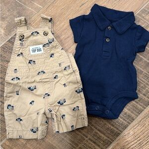 Carter's Newborn Navy and Tan Top Dog Overalls Matching Set